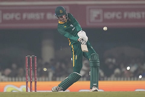 South Africa's Marco Jansen plays a shot during the first One Day International match between India and South Africa in Ranchi.