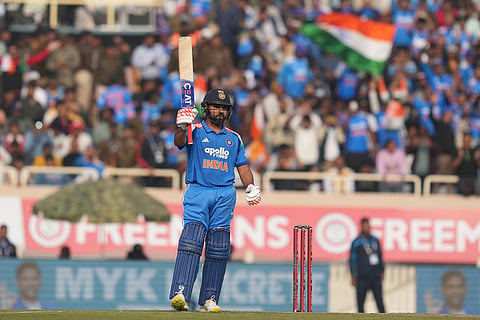 India's Rohit Sharma celebrates his fifty runs during the first One Day International match between India and South Africa in Ranchi.
