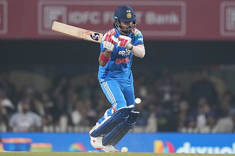 India's captain KL Rahul plays a shot during the first One Day International match between India and South Africa in Ranchi.