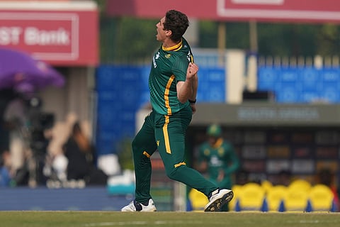 South Africa's Nandre Burger celebrates the wicket of India's Yashasvi Jaiswal during the first One Day International match between India and South Africa in Ranchi.