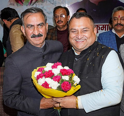 Himachal Pradesh Chief Minister Sukhvinder Singh Sukhu greets the newly appointed President of Himachal Pradesh Congress Committee Vinay Kumar, in Shimla.