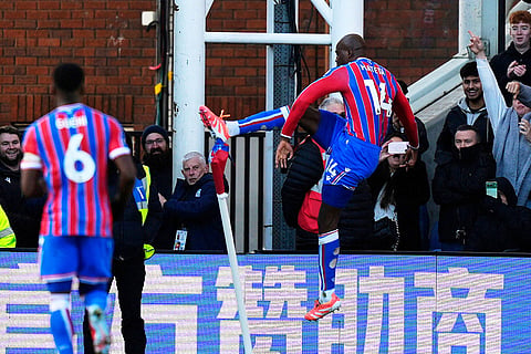 Crystal Palace's Jean-Philippe Mateta celebrates scoring during the English Premier League soccer match between Crystal Palace and Manchester United in London.