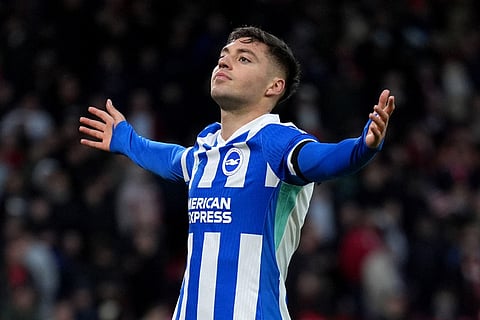 Brighton and Hove Albion's Stefanos Tzimas celebrates scoring his side's second goal of the game, during the English Premier League soccer match between Nottingham Forest and Bright and Hove Albion,  at the City Ground, in Nottingham, England.