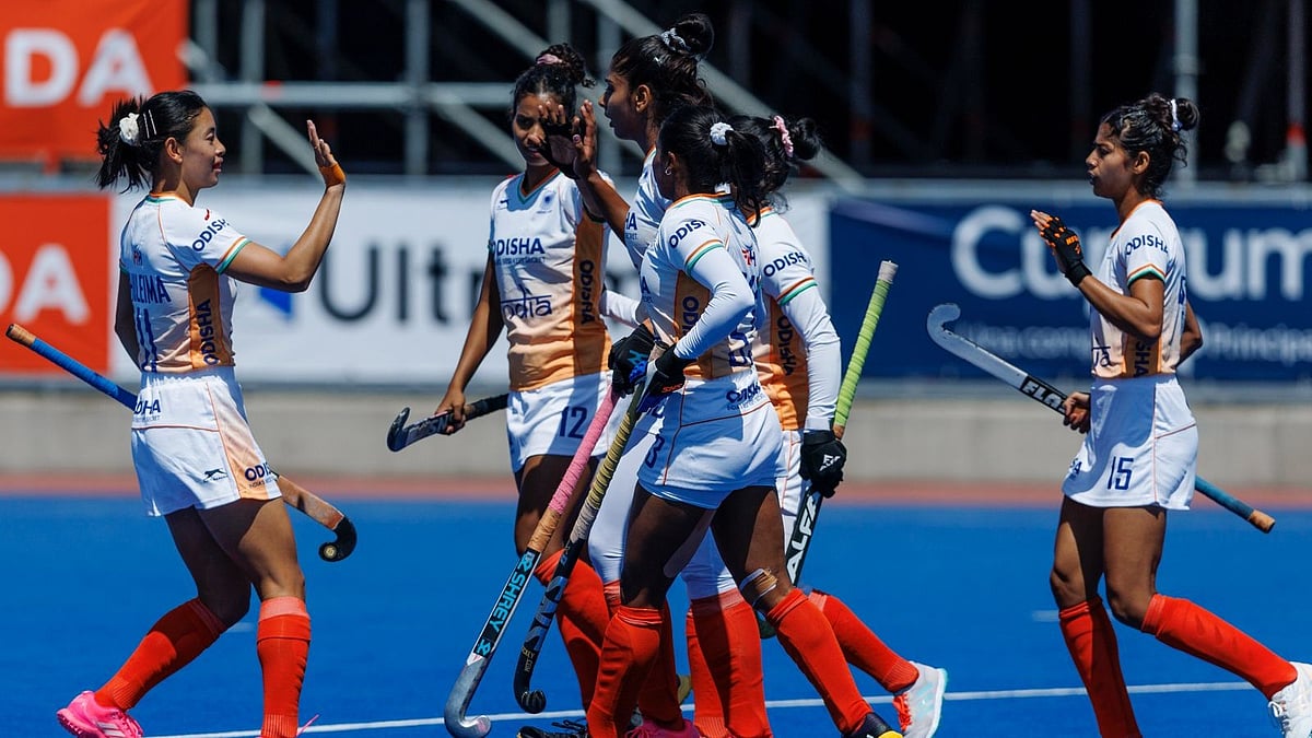 Hockey India : India players celebrate a goal against Namibia in their Junior Women's Hockey World Cup opener in Santiago.