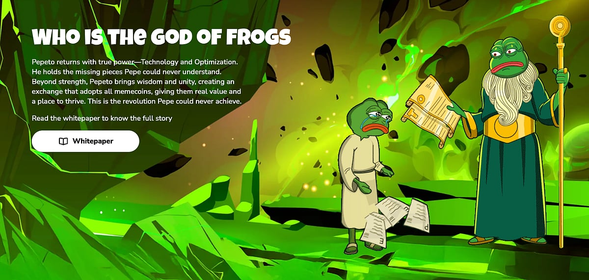 Cartoon frog characters in a green fantasy scene with text about the ‘God of Frogs.