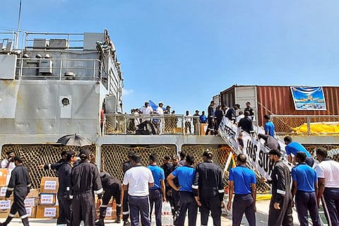 INS Sukanya carrying relief material arrives in cyclone-hit Sri Lanka, in Trincomalee. 