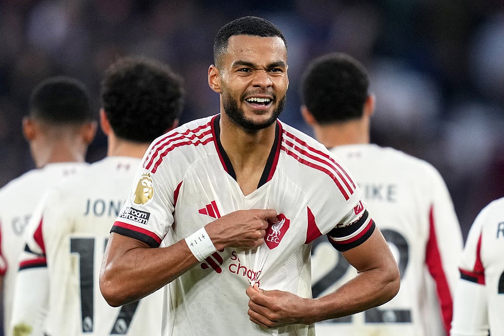 | Photo: AP/Kirsty Wigglesworth : Liverpool's Cody Gakpo celebrates after scoring his side's second goal during the English Premier League soccer match between West Ham United and Liverpool, in London.