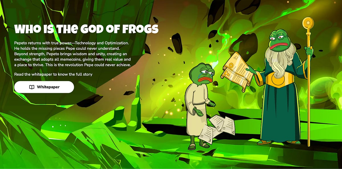 Pepe the Frog figures, one like Gandalf and one in a sheet, in a bright green, stylized scene