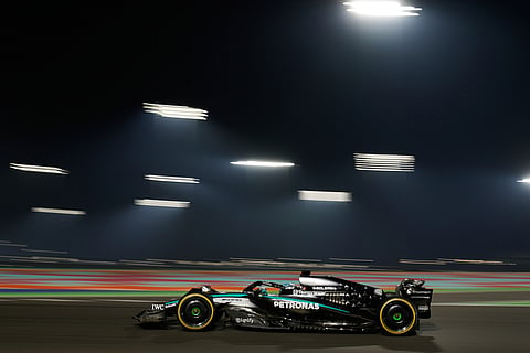 Mercedes driver George Russell of Britain steers his car during the Qatar Formula One Grand Prix, at the Lusail International Circuit, in Lusail, Qatar.