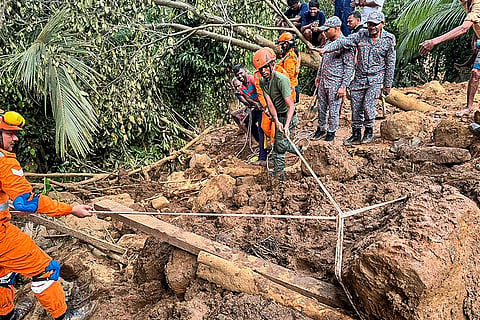 In this image, Rescue workers and National Disaster Response Force (NDRF) personnel during Operation Sagar Bandhu, India's rescue initiative in Sri Lanka following cyclone Ditwah, in Badulla, Sri Lanka.