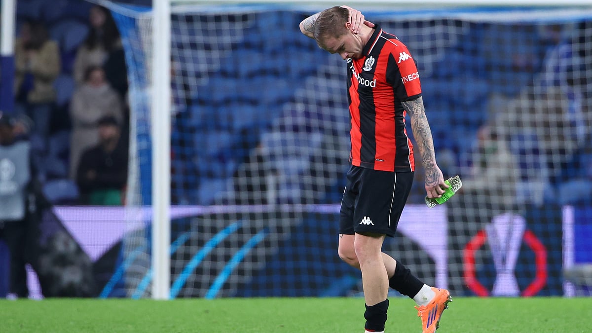 Nice's Melvin Bard reacts at the the end of the UEFA Europa League opening phase match against FC Porto on November 27, 2025.  - | Photo: AP/Luis Vieira