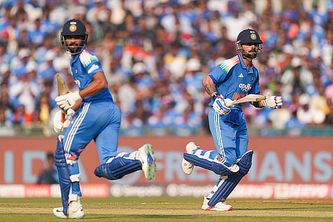 India’s Virat Kohli, right, and Ruturaj Gaikwad run between the wickets during the second ODI cricket match of a series between India and South Africa, at Shaheed Veer Narayan Singh International Stadium, in Raipur, Chhattisgarh.