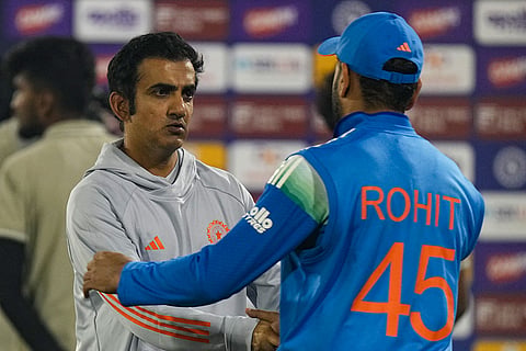 India’s Rohit Sharma with head coach Gautam Gambhir after the team lost the second ODI cricket match against South Africa, at Shaheed Veer Narayan Singh International Stadium, in Raipur, Chhattisgarh.