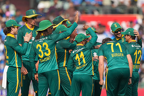 South Africa’s players celebrate the wicket of India’s Rohit Sharma during the second ODI cricket match of a series between India and South Africa, at Shaheed Veer Narayan Singh International Stadium, in Raipur, Chhattisgarh.