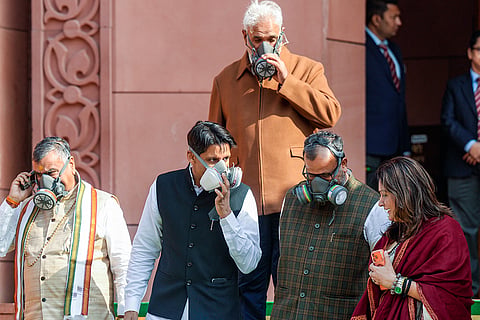 Congress MP Deepender Singh Hooda, front second left, Shiv Sena (UBT) MP Priyanka Chaturvedi, right and others during the Winter session of Parliament, in New Delhi.