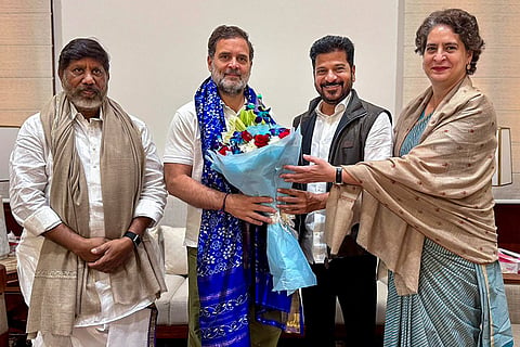 In this image, LoP in the Lok Sabha and Congress leader Rahul Gandhi with party MP Priyanka Gandhi Vadra, Telangana Chief Minister A Revanth Reddy and Deputy CM Bhatti Vikramarka Mallu during a meeting, in New Delhi. Reddy invited the Congress leaders to the Telangana Rising Global Summit in Hyderabad.