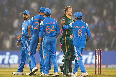 India’s Ravindra Jadeja and South Africa's Corbin Bosch exchange greetings after the former's team lost the second ODI cricket match against South Africa, at Shaheed Veer Narayan Singh International Stadium, in Raipur, Chhattisgarh.