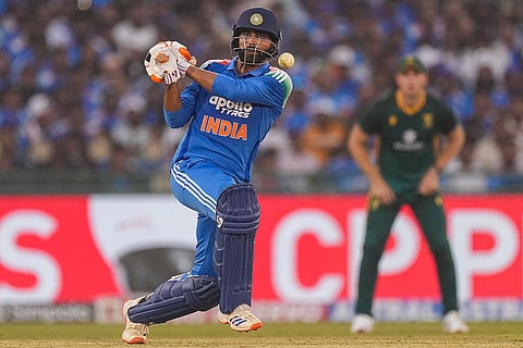 India’s Ravindra Jadeja plays a shot during the second ODI cricket match of a series between India and South Africa, at Shaheed Veer Narayan Singh International Stadium, in Raipur, Chhattisgarh.