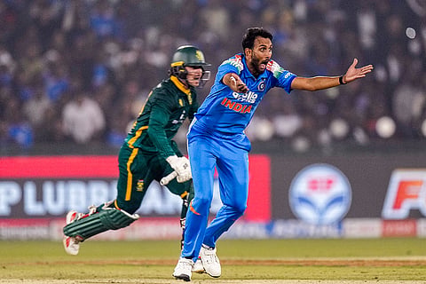 India’s Prasidh Krishna celebrates the wicket of South Africa's Matthew Breetzke during the second ODI cricket match of a series between India and South Africa, at Shaheed Veer Narayan Singh International Stadium, in Raipur, Chhattisgarh.