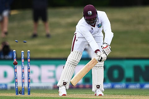 West Indies' batter Ojay Shields is bowled by New Zealand's Jacob Duffy during the second day of their cricket test match in Christchurch, New Zealand.