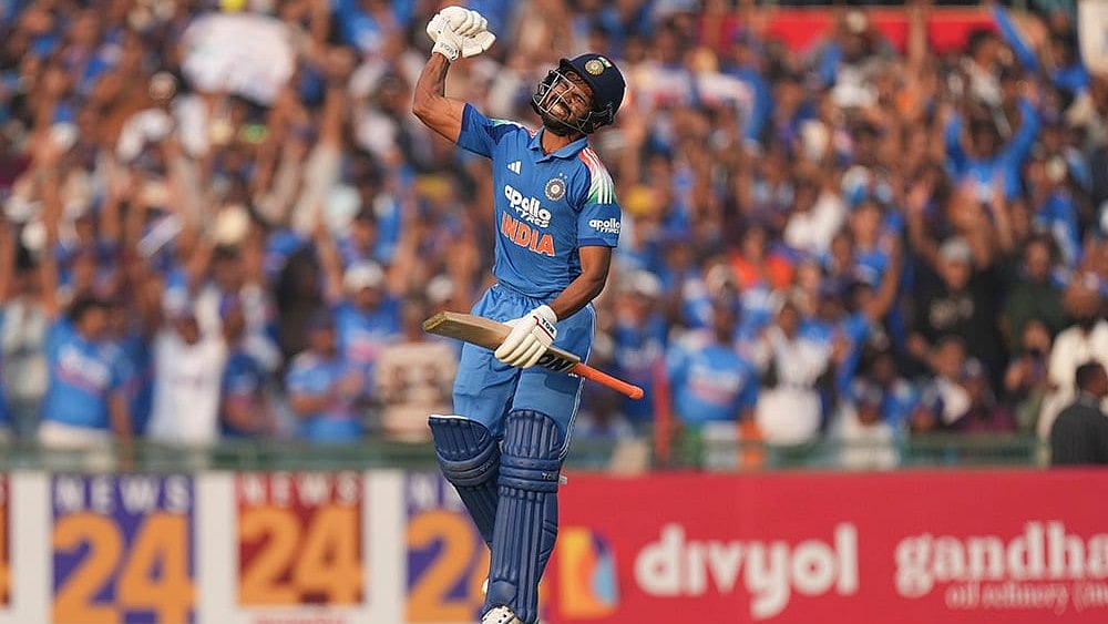 | Photo: PTI/Kunal Patil : India's Ruturaj Gaikwad celebrates his century during the second ODI cricket match of a series between India and South Africa, at Shaheed Veer Narayan Singh International Stadium, in Raipur, Chhattisgarh.