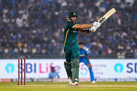 South Africa's Aiden Markram plays a shot during the second ODI cricket match of a series between India and South Africa, at Shaheed Veer Narayan Singh International Stadium, in Raipur, Chhattisgarh.