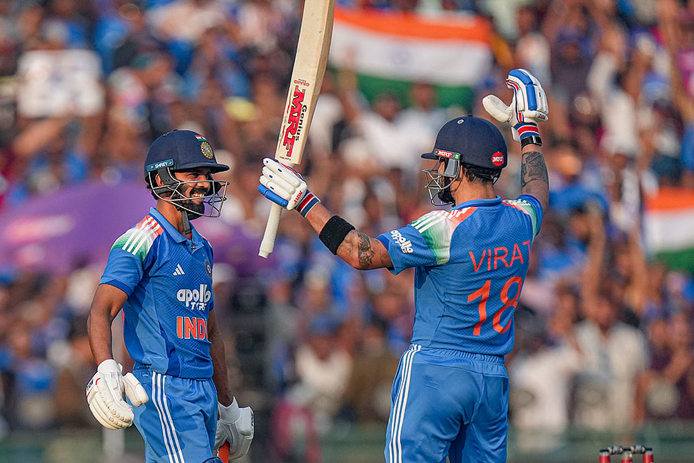 | Photo: PTI/Kunal Patil : India's Ruturaj Gaikwad, left, celebrates his century with Virat Kohli during the second ODI cricket match of a series between India and South Africa, at Shaheed Veer Narayan Singh International Stadium, in Raipur, Chhattisgarh.