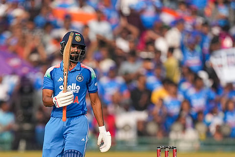 India's Ruturaj Gaikwad celebrates his half century during the second ODI cricket match of a series between India and South Africa, at Shaheed Veer Narayan Singh International Stadium, in Raipur, Chhattisgarh.