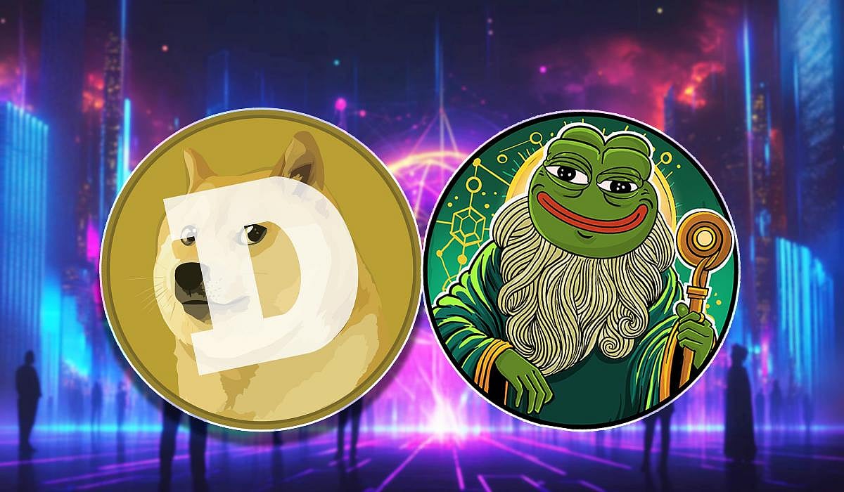 Two crypto logos: Pepeto and Dogecoin.