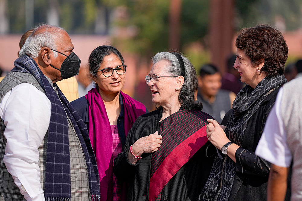 | Photo: PTI/Ravi Choudhary : Leader of Opposition in the Rajya Sabha Mallikarjun Kharge with Congress MPs Sonia Gandhi, Priyanka Gandhi Vadra and Ranjeet Ranjan during the Winter session of Parliament, in New Delhi.