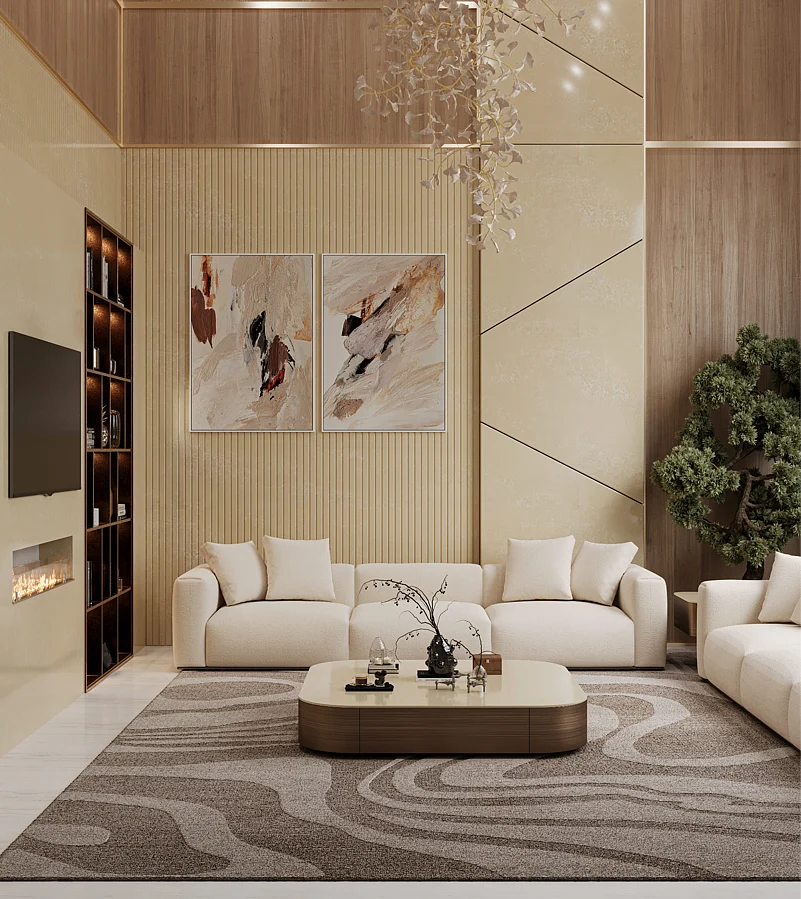 Modern living room with white sofas, abstract wall art