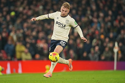 West Ham's Jarrod Bowen in action during the English Premier League soccer match between Manchester United and West Ham United in Manchester, England.