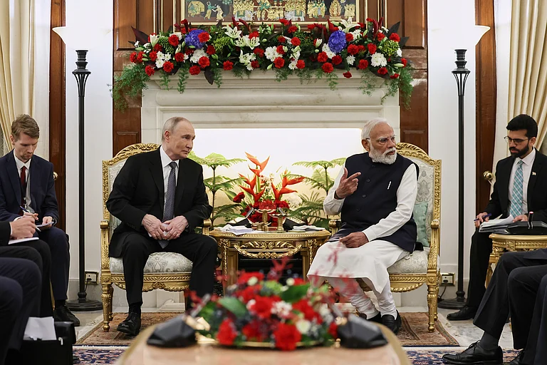 Russian President Vladimir Putin, second left, and Indian Prime Minister Narendra Modi, second right, attend the talks at the Hyderabad House in New Delhi, India, Friday, Dec. 5, 2025. - AP/PTI; Alexander Kazakov