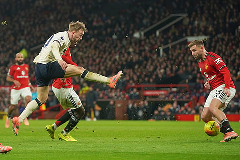 West Ham's Jarrod Bowen makes an attempt to score during the English Premier League soccer match between Manchester United and West Ham United in Manchester, England.