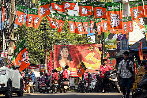Thiruvananthapuram: Party flags and banners put up amid preparations for the upcoming Kerala local body polls, in Thiruvananthapuram.