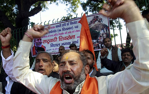 Rashtrawadi Sena activists raising slogans during a demonstration at Jantar Mantar on December 6, 2012 in New Delhi, India.