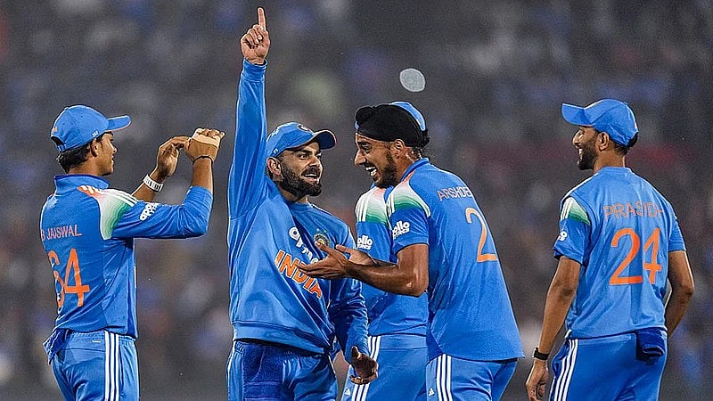 AP : Virat Kohli celebrates the dismissal of Quinton de Kock with teammates during the second ODI between India and South Africa in Raipur.