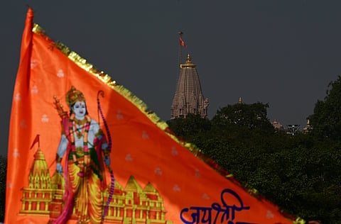 Picture of Saffron Dharm Dhwaj hoisted atop the 161-foot golden spire of the Shri Ramjanmbhoomi, on November 25, 2025 in Ayodhya, India.