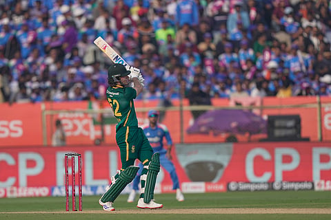 South Africa's Dewald Brevis plays a shot during the third One Day International cricket match between India and South Africa in Visakhapatnam.