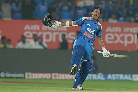 India's Yashasvi Jaiswal celebrates his century during the third One Day International cricket match between India and South Africa in Visakhapatnam.