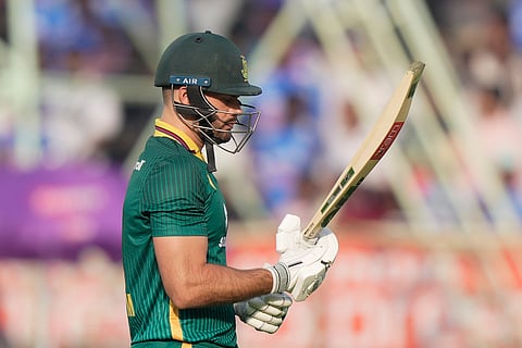 South Africa's Aiden Markram reacts while leaves the field after losing his wicket during the third One Day International cricket match between India and South Africa in Visakhapatnam.