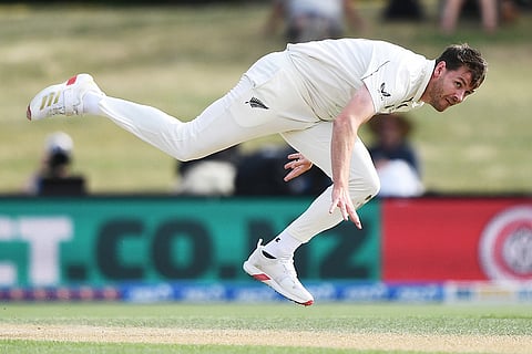 New Zealand's Jacob Duffy follows through while bowling to West Indies on Day 4 of their cricket test match in Christchurch, New Zealand.