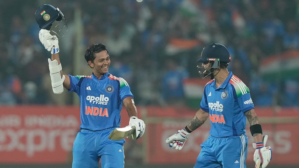 Photo: AP : India Vs South Africa, 3rd ODI Highlights: Yashasvi Jaiswal, left, celebrates his century with Virat Kohli in Visakhapatnam.