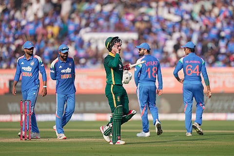 South Africa's Matthew Breetzke leaves the field after losing his wicket during the third One Day International cricket match between India and South Africa in Visakhapatnam.