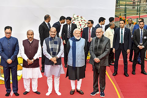 Front row from left, Union Ministers Kiren Rijiju and Virendra Kumar, Lok Sabha Speaker Om Birla, Prime Minister Narendra Modi and Vice President CP Radhakrishnan during an event to pay tribute to Babasaheb Ambedkar, the architect of India's Constitution, on his 69th death anniversary, also called ‘Mahaparinirvan Diwas’, at the Parliament House complex, in New Delhi.
