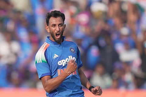 India's Prasidh Krishna celebrates the wicket of South Africa's Aiden Markram during the third One Day International cricket match between India and South Africa in Visakhapatnam.