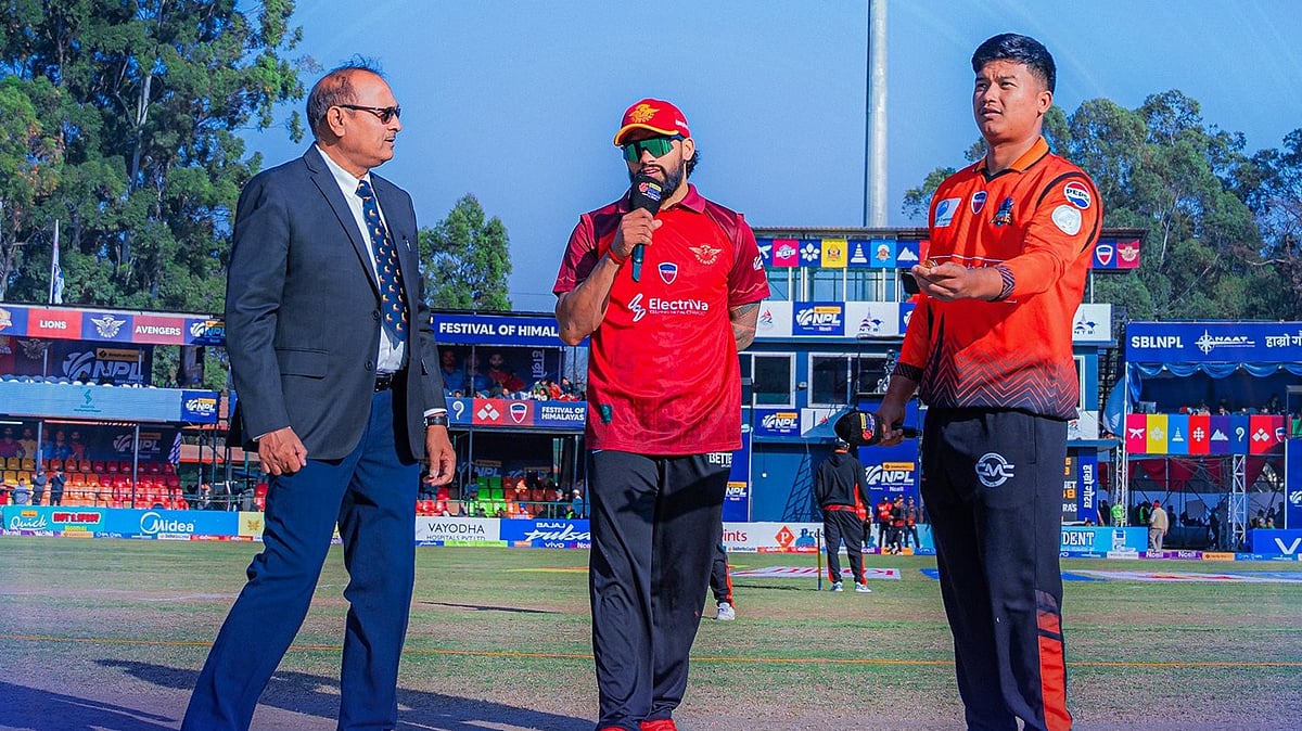 X/Nepal Premier League : Captains Kushal Malla and Kushal Bhurtel at the toss for the Nepal Premier League 2025 match between Chitwan Rhinos and Pokhara Avengers.