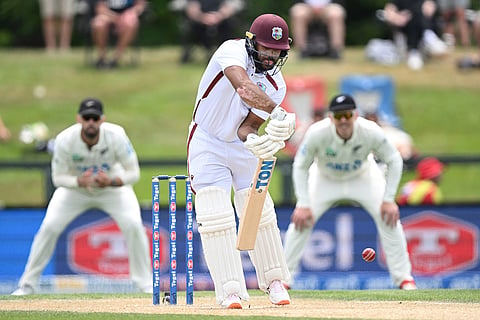 West Indies' John Campbell bats against New Zealand on Day 4 of their cricket test match in Christchurch, New Zealand.