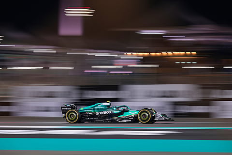 Aston Martin driver Fernando Alonso of Spain steers his car during the second practice ahead of the Formula One Abu Dhabi Grand Prix at the Yas Marina Circuit in Abu Dhabi, UAE.