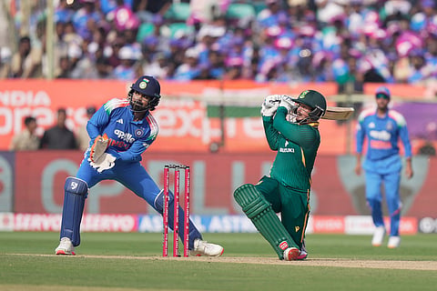 South Africa's Quinton de Kock plays a shot during the third One Day International cricket match between India and South Africa in Visakhapatnam.